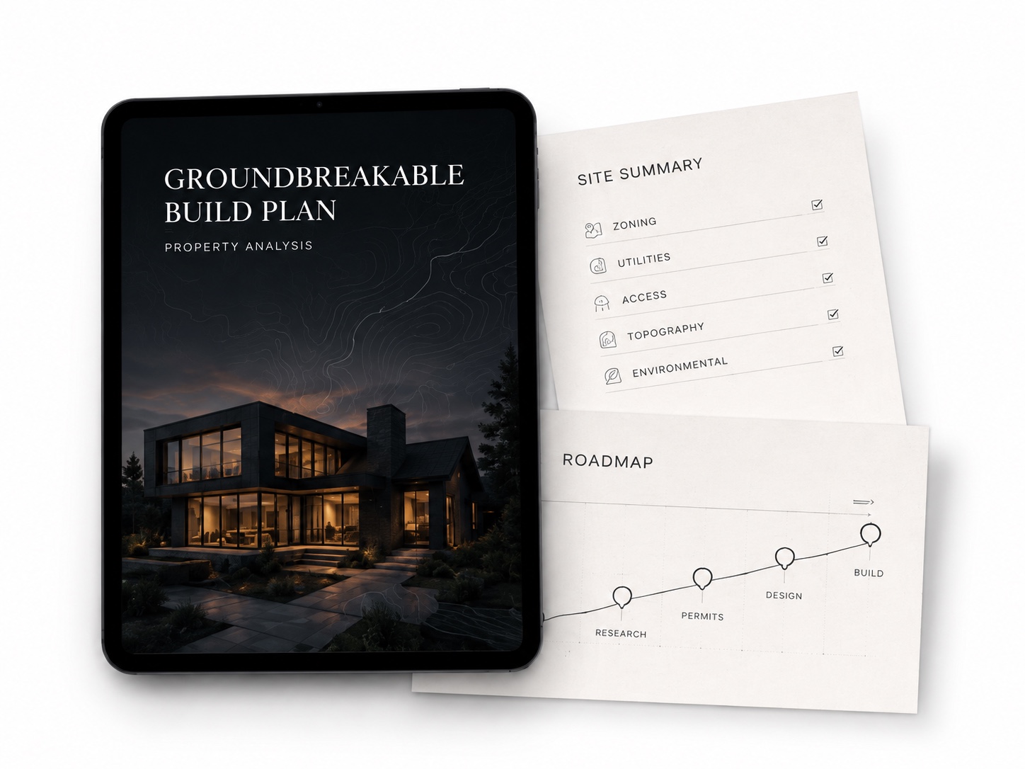 Groundbreakable Build Plan property analysis shown on a tablet alongside a site summary and roadmap
