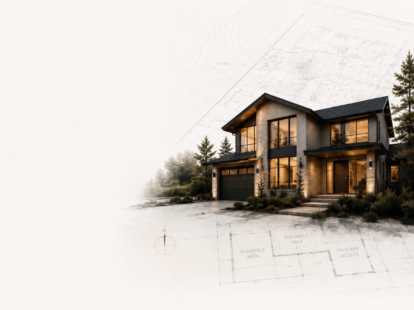 Modern home concept rendered over a property site plan showing buildable areas and driveway access