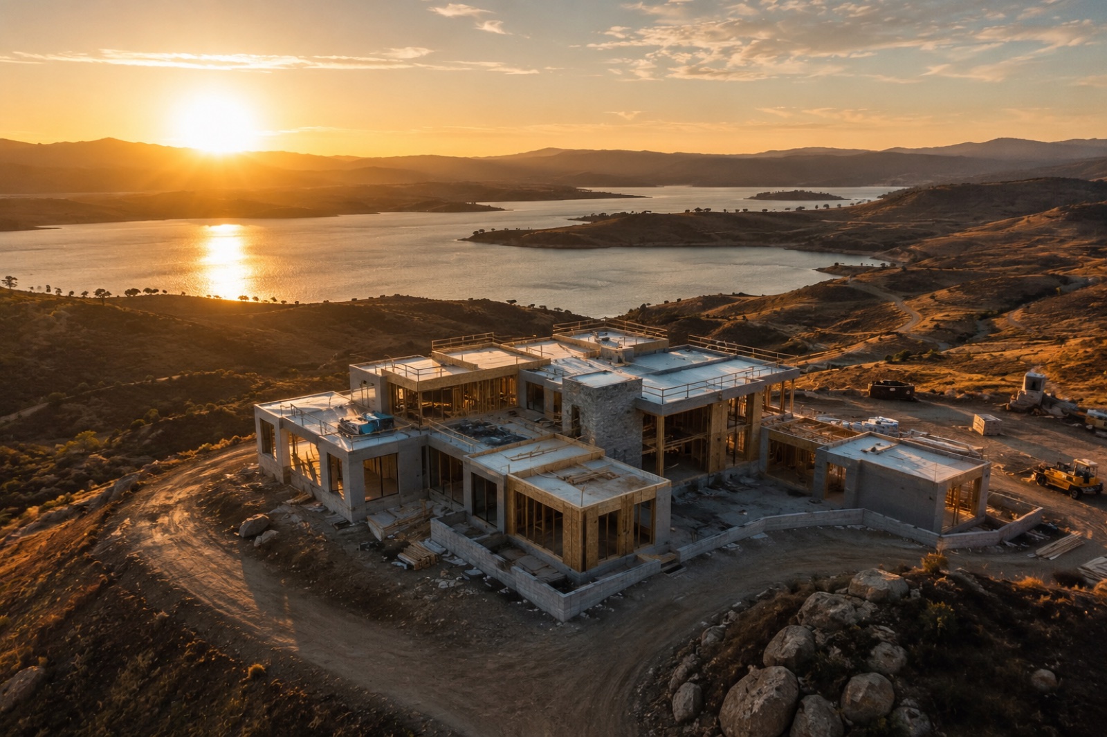 A home under construction at sunset on a ridge above a lake