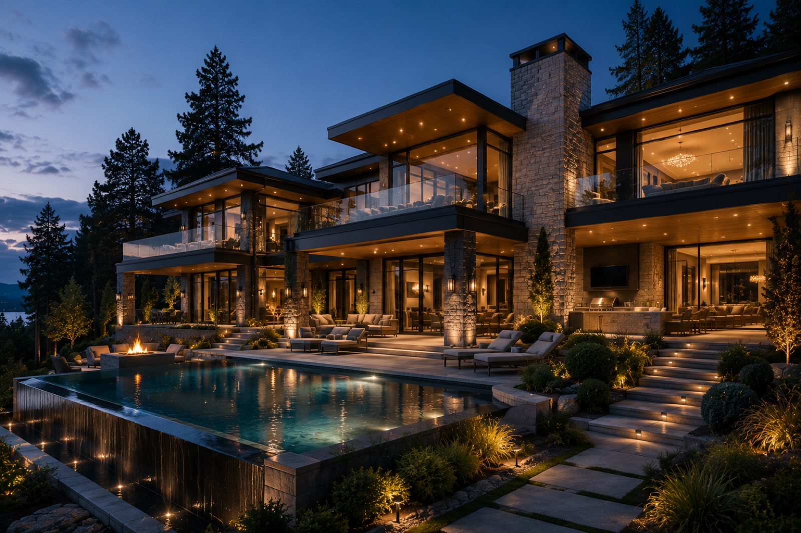 A contemporary home lit at dusk above a pool and terrace
