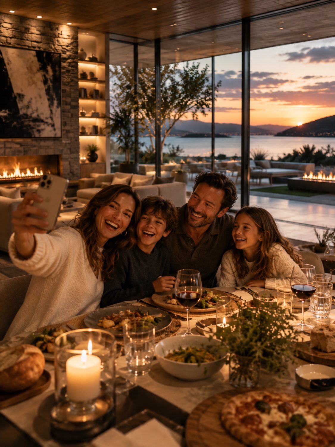 A family together at a dinner table in a warmly lit home at sunset