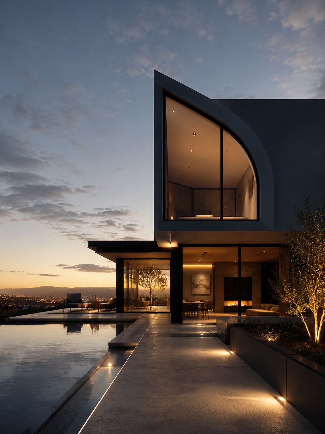 A modern hillside home at dusk, warm interior light spilling onto a reflecting pool
