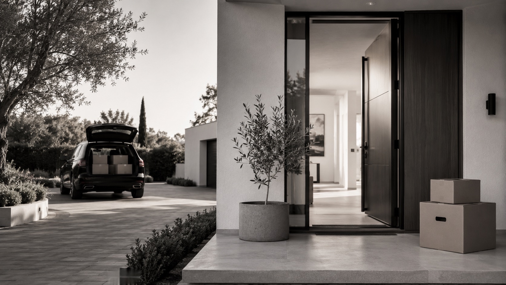 Moving boxes at the entrance of a modern home, a packed car waiting in the driveway