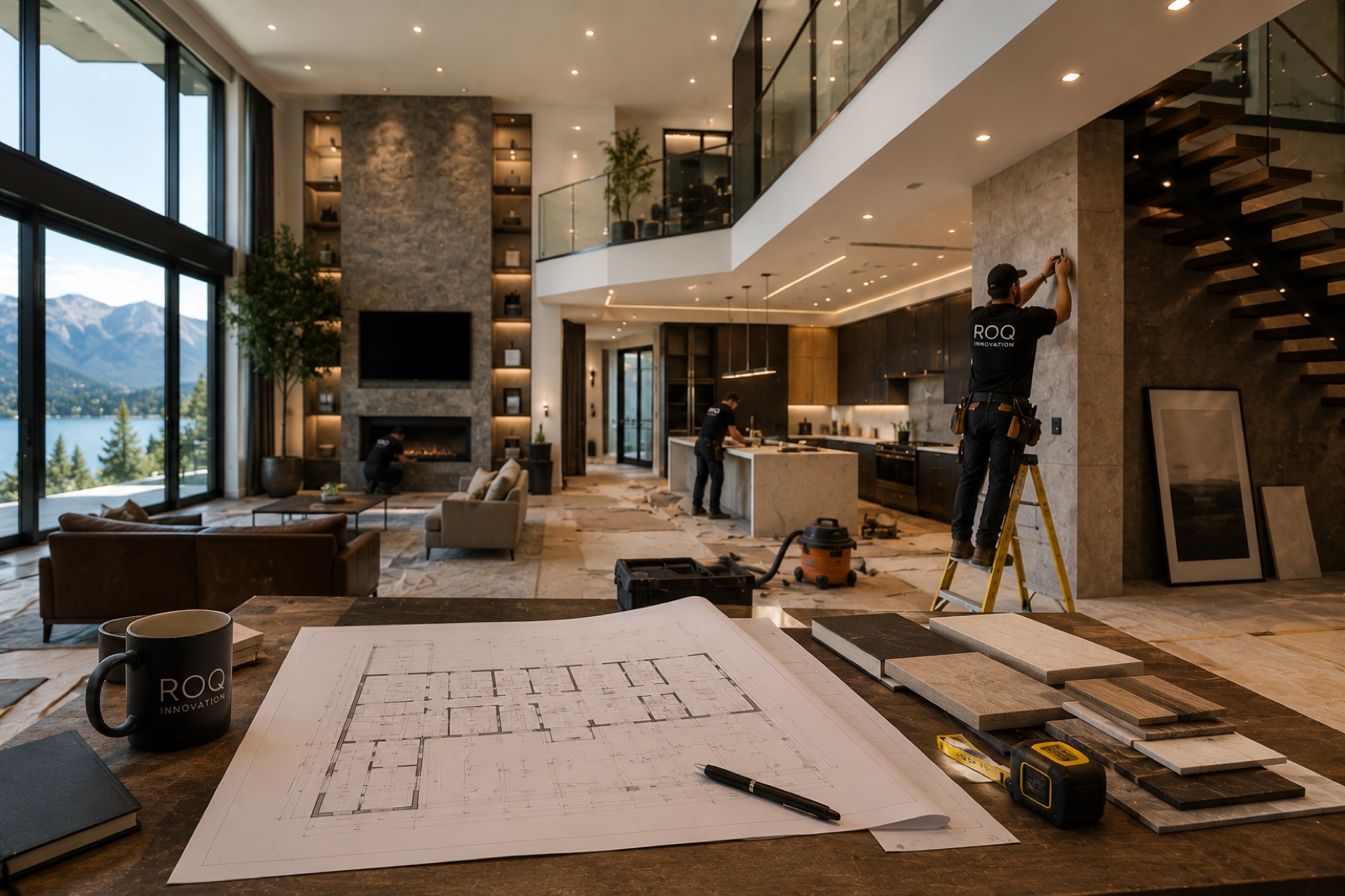 A home mid-renovation, floor plans and material samples on the table