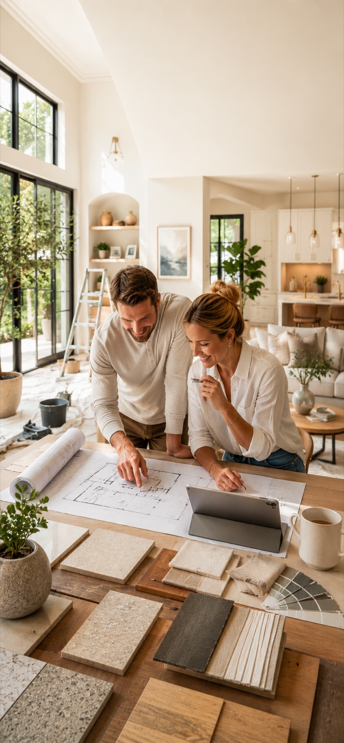 Two homeowners reviewing floor plans and material samples in a bright living room