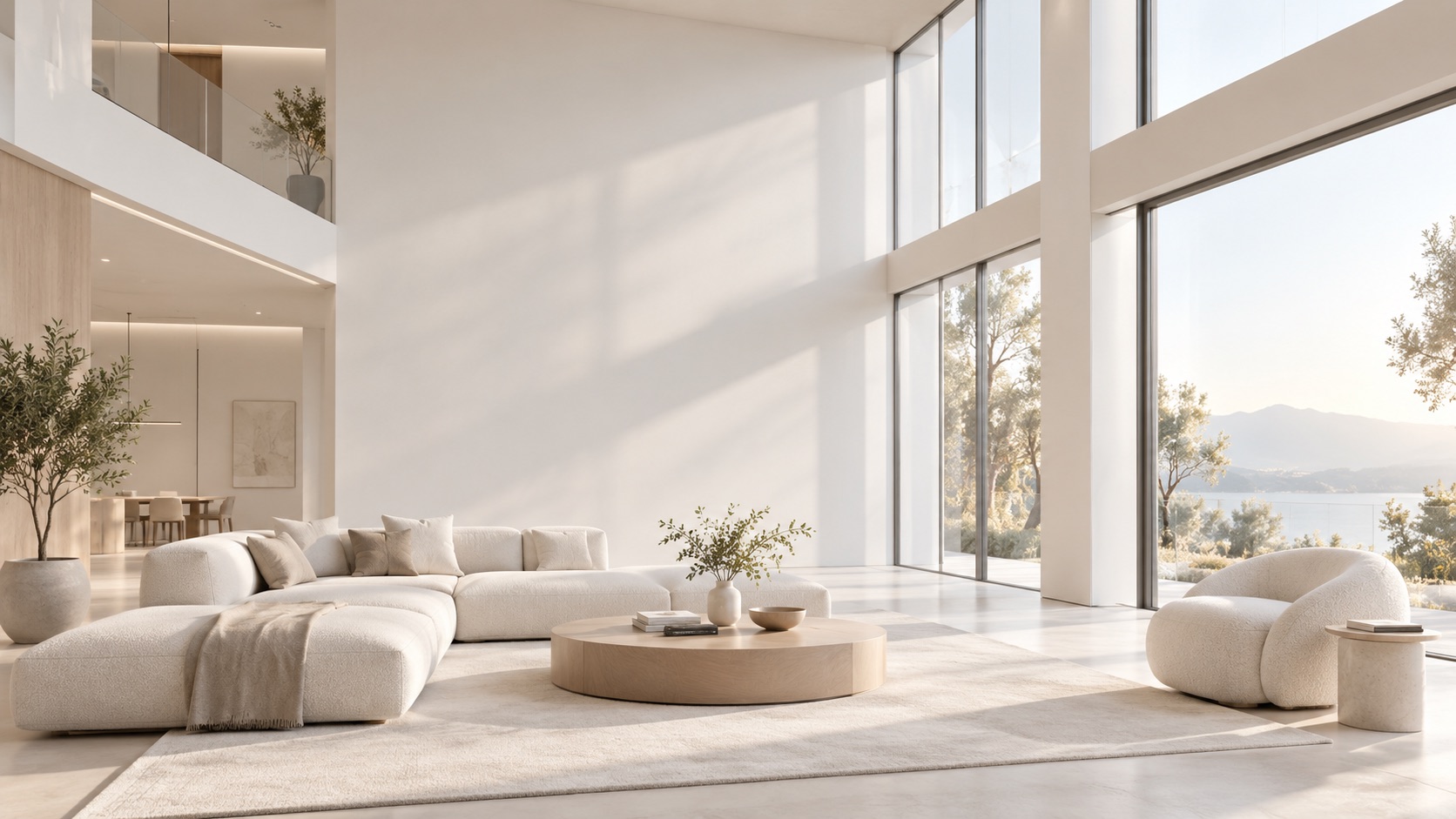 A bright, minimalist living room with floor-to-ceiling windows overlooking trees and water