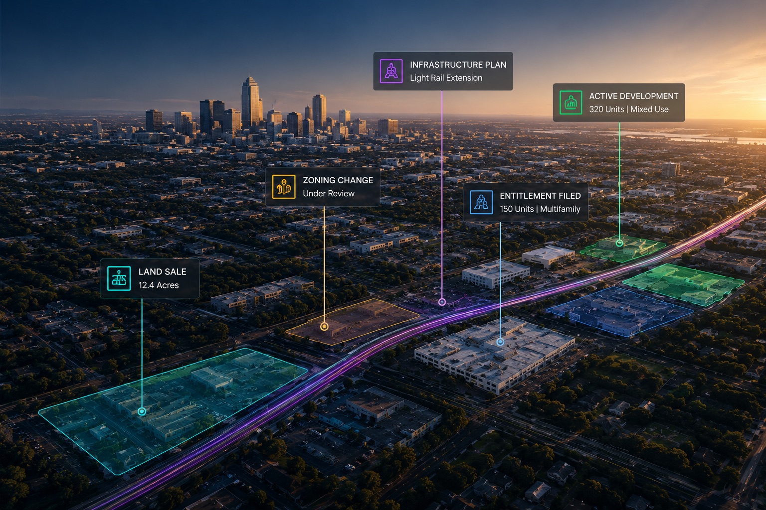 Aerial view of a growing market with development, permit, zoning, and infrastructure signals mapped over the city