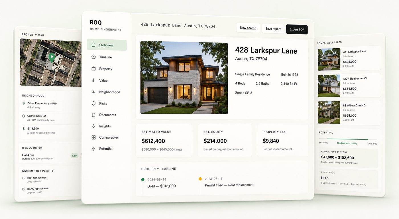 Home Fingerprint report for a sample property, showing value, equity, potential and neighbourhood detail